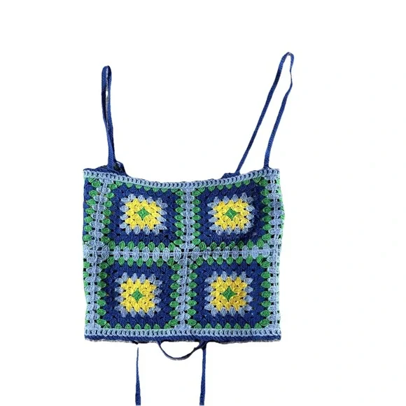 Zara Crochet Set Women Blue Yellow Small Granny Square Boho Festival Matching - Picture 3 of 16
